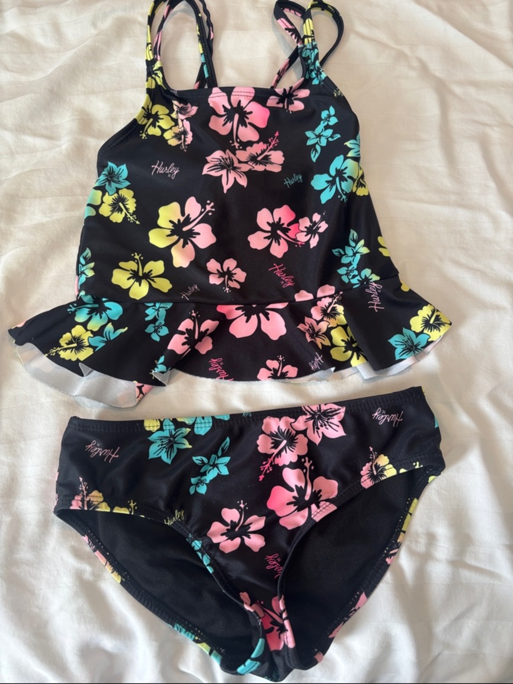Hurley Two-Piece Swimsuit Set - Black with Pink, Yellow & Teal Flowers size 5/6